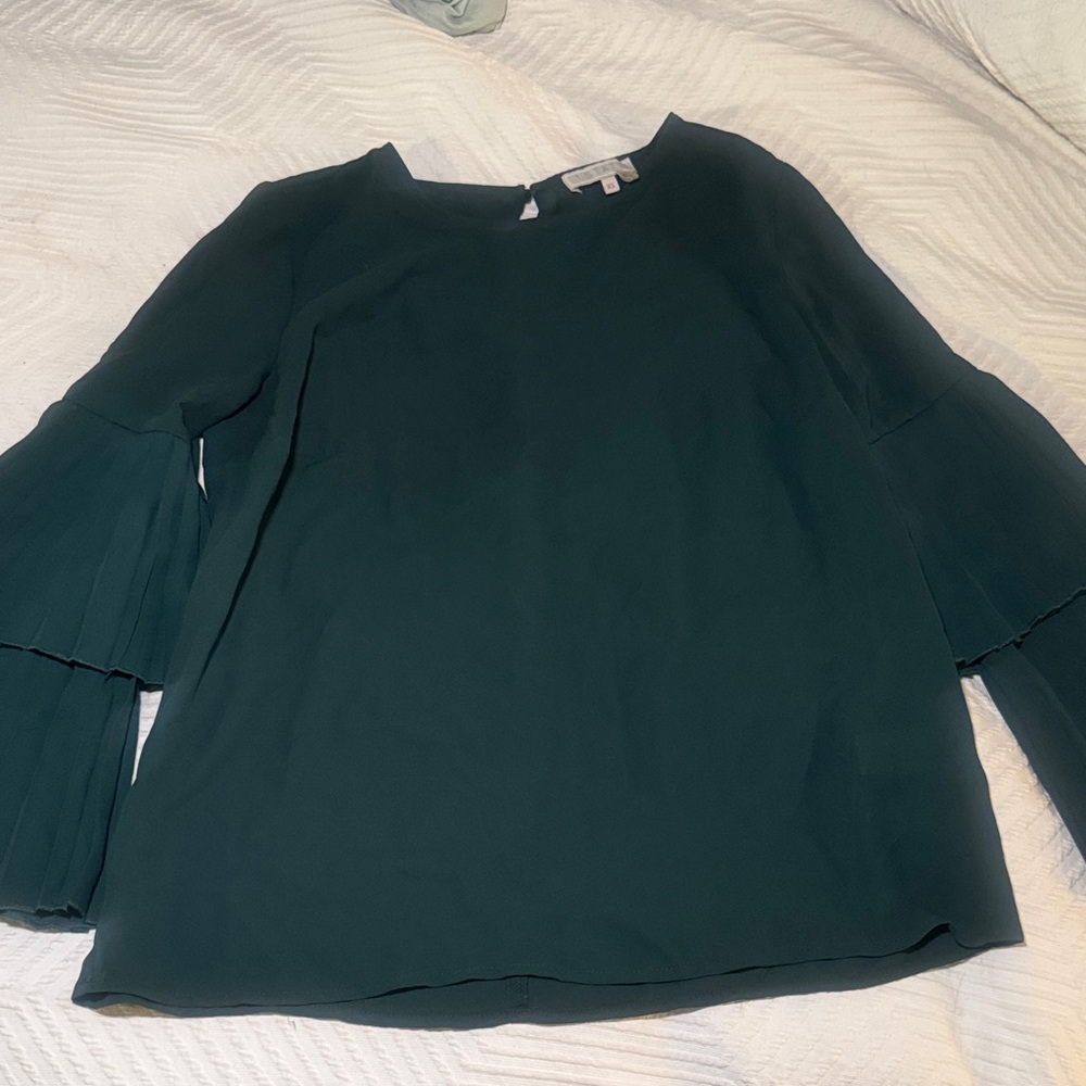 1. State Dark Green Blouse with Pleated Sleeves